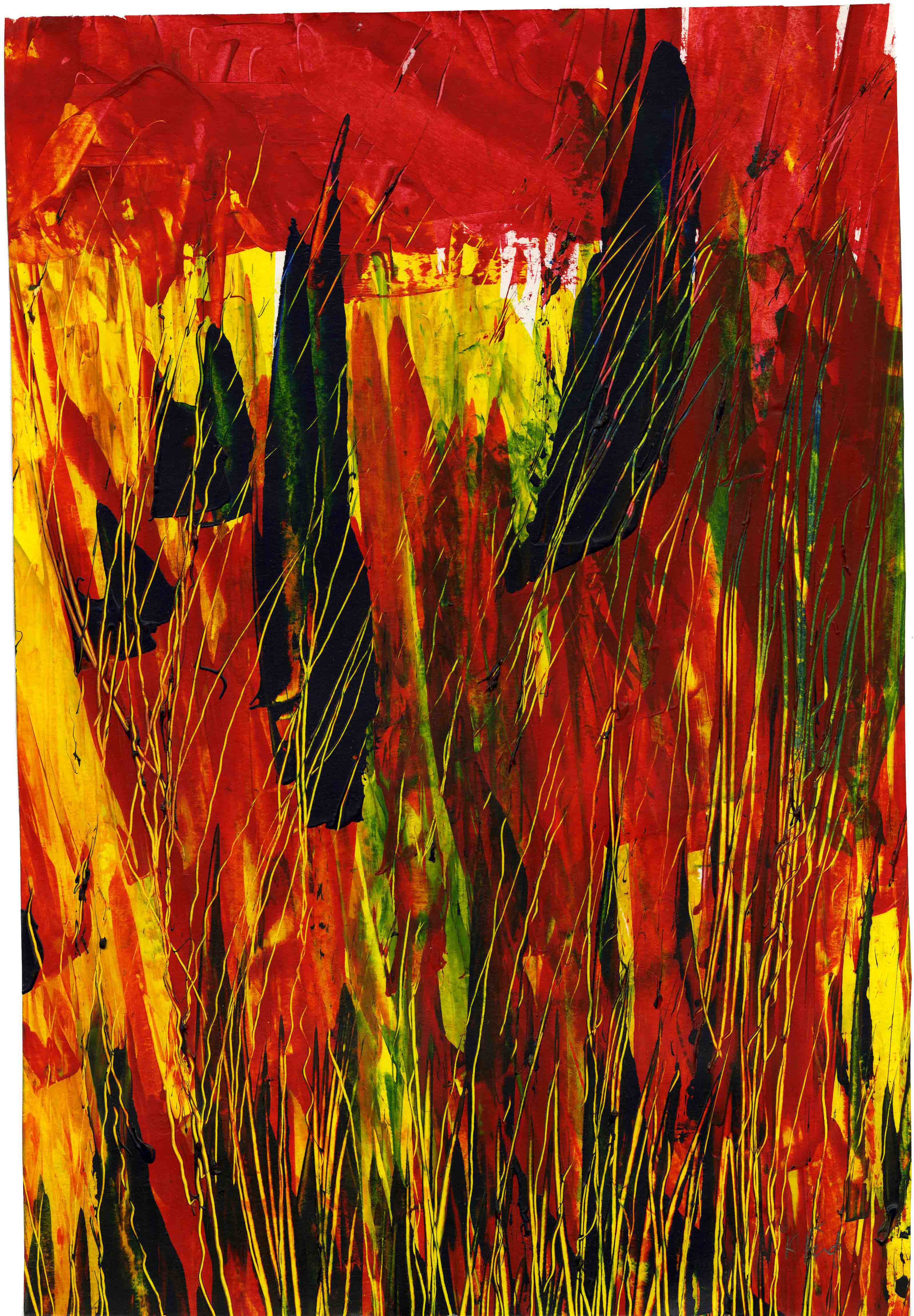 Red and yellow painting of rushes in Sligo, Ireland.